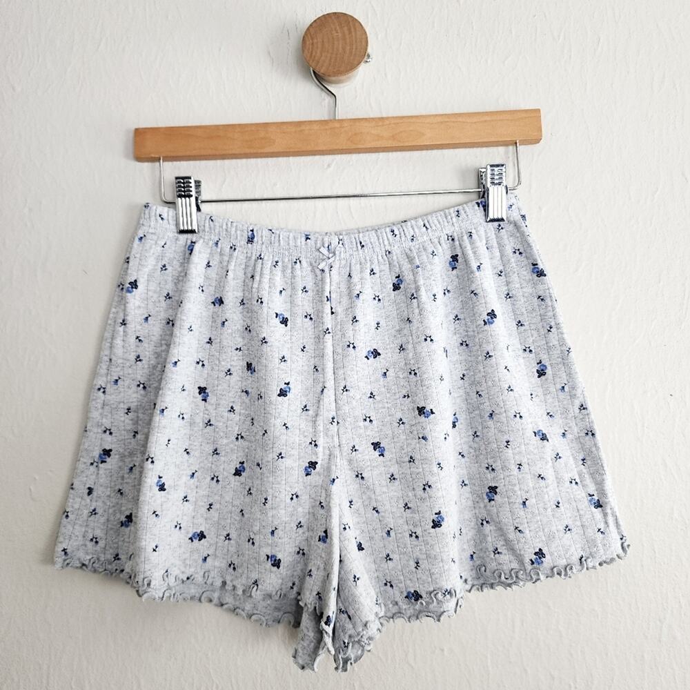 Aerie Soft Knit Pajama Shorts Blue Ditsy Floral Grey Lettuce Hem PJ Small NWT
